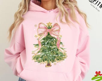 コケット クリスマスツリー スウェットシャツ、ピンク クリスマス ボウ シャツ、ピンク クリスマス ツリー シャツ、ピンク クリスマス ボウ シャツ、クリスマスツリー パーカー