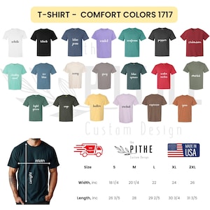 以下が含まれることがあります： 「T-SHIRT - COMFORT COLORS 1717」の文字が入った、様々な色のTシャツのディスプレイ。白、黒、ブルージーンズ、紫、赤などの色があります。画像には、インチ単位のサイズチャートも含まれています。