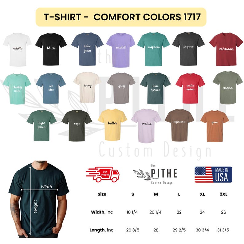 以下が含まれることがあります： 「T-SHIRT - COMFORT COLORS 1717」の文字が入った、様々な色のTシャツのディスプレイ。白、黒、ブルージーンズ、紫、赤などの色があります。画像には、インチ単位のサイズチャートも含まれています。