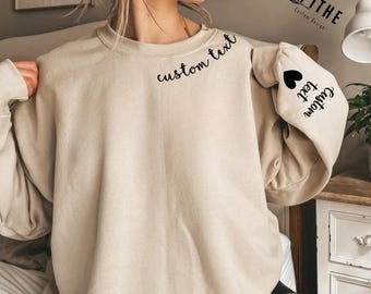 Personalized Minimalist Sweatshirt, Custom Text Hoodie With Names On Neck, Personalized Names Outfit On Sleeve, Customizable Crewneck Gifts