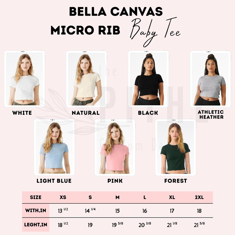 May include: Image of a Bella Canvas Micro Rib Baby Tee in several colours: white, natural, black, athletic heather, light blue, pink, and forest green. Size details are provided, with widths ranging from 34.3 to 45.7 cm.