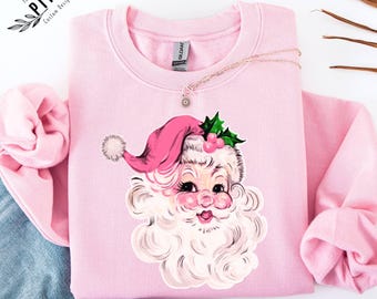 Pink Santa Retro Christmas T-Shirts Sweatshirts for Women Pink Christmas Matching Family Sweaters Pink Vintage Holiday Crewneck Group Party