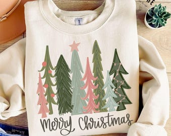Merry and Bright Trees, Women's Christmas Sweatshirt, Women's Holiday Shirt, Christmas Gift, Chic Winter Shirt, Holiday Tee, Christmas Tree