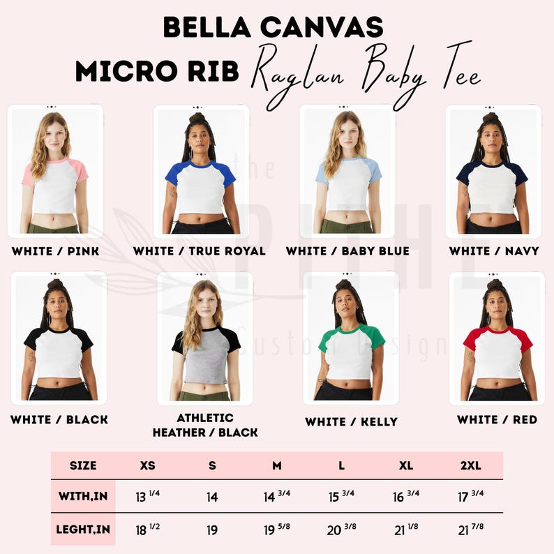 Może przedstawiać: Zdjęcie produktu Bella Canvas Micro Rib Raglan Baby Tee w r&oacute;żnych kombinacjach kolorystycznych. Na zdjęciu koszulki na modelkach, z opcjami takimi jak biały z r&oacute;żowymi, niebieskimi, granatowymi, czarnymi, szarymi, zielonymi i czerwonymi rękawami. Tabela rozmiar&oacute;w w calach.