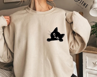 Cat Sweatshirt, Cute Cat Sweatshirt, Black Cat Shirt, Cat Peeking Sweatshirt, Womens Funny Sweatshirt, Gift for Cats Lover, Cat Mom Sweater