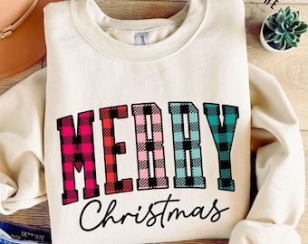 Merry Christmas Sweatshirt, Buffalo Plaid Sweater, Christmas Family Crewneck, Merry & Bright, Woman Xmas Shirt, Cute Winter Holiday Sweater