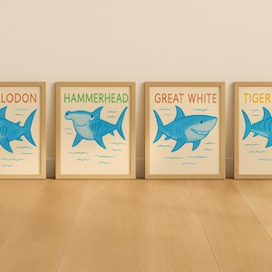 Shark Wall Art Set - Megalodon, Hammerhead, Great White, Tiger Shark Prints for Kids Room - Ocean Animal Digital Download Decor