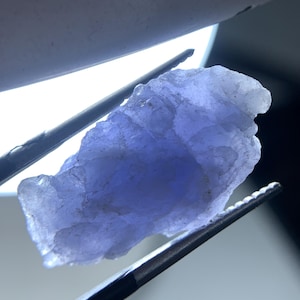 May include: A raw, translucent tanzanite crystal with a light violet-blue hue and irregular, jagged edges. The rough gemstone is held securely between the metal tips of a pair of tweezers, allowing light to pass through its crystalline structure.