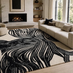 Svart elfenbensfärgad handtuftad ullmatta, modern abstrakt matta, modern designermatta, texturerad matta med hög och låg profil, matta i specialstorlek