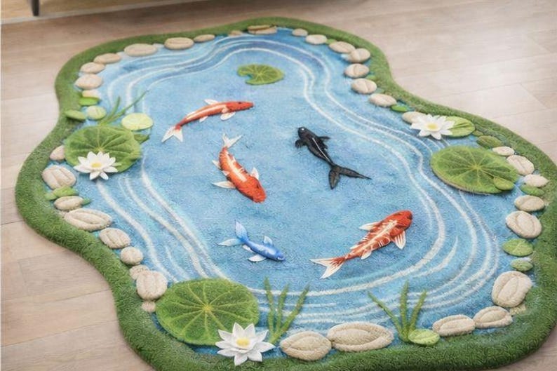 Pond/water Rug Buy Hand Tufted Koi Pond Rug, Japanese Garden Decor, 3D Water Lily Area ...