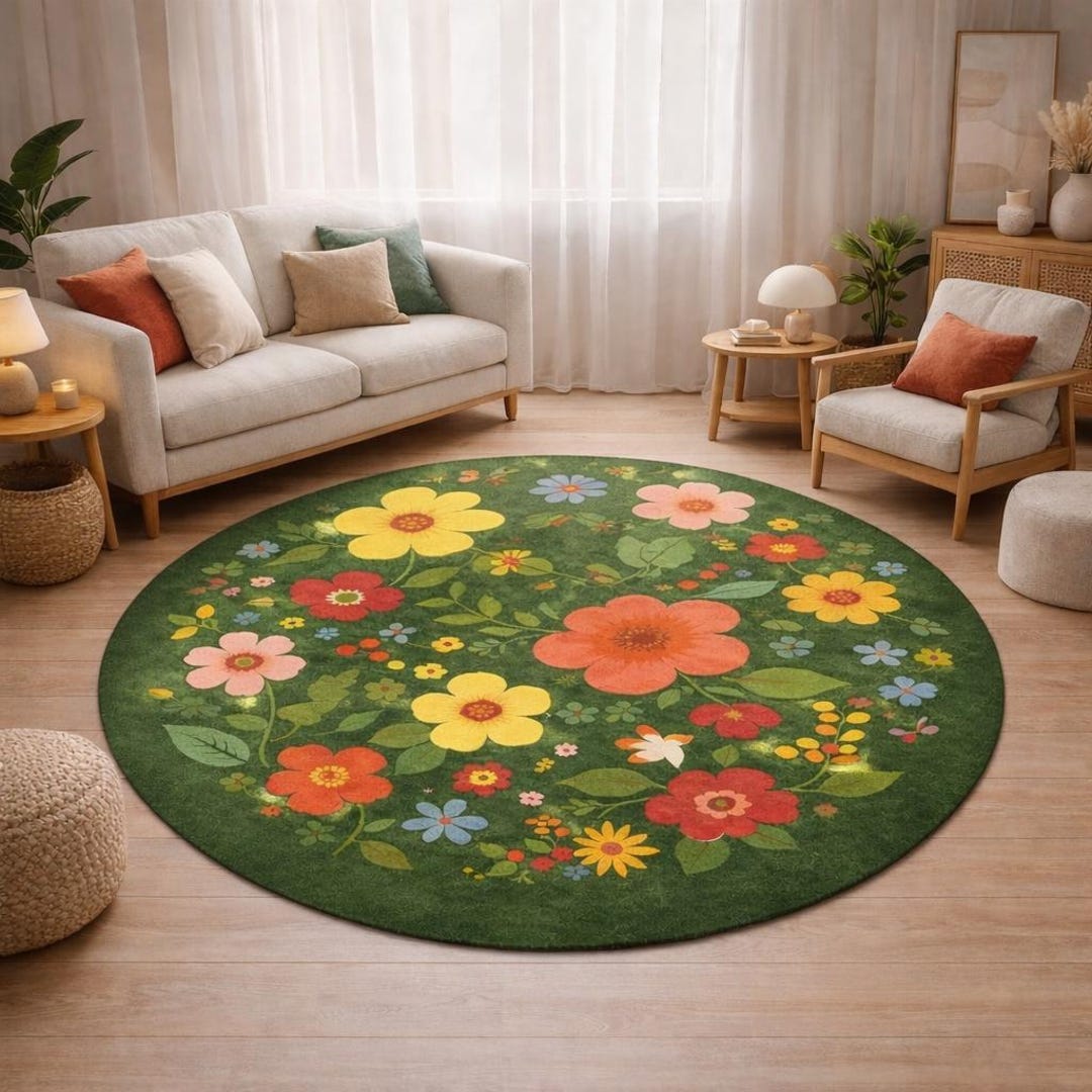 Hand Tufted Green Floral Round Rug | Botanical Flower Area Rug ...