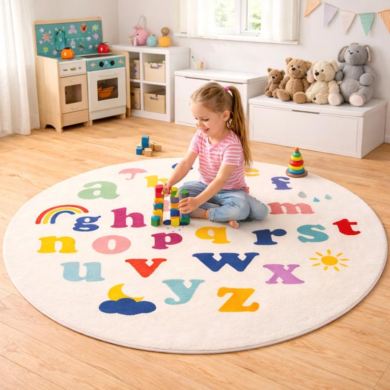 May include: A round, off-white children's rug featuring the alphabet in various bright colors. A rainbow, sun, and cloud are also depicted. A young child is playing with colorful blocks on the rug in a playroom setting.