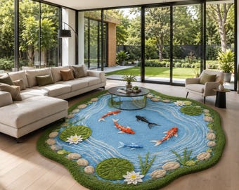Hand Tufted Koi Pond Rug, Japanese Garden Decor, 3D Water Lily Area Rug