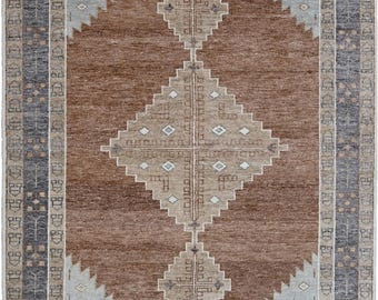 Hand-Knotted Wool Rug: Heriz Tribal Medallion, Brown & Blue