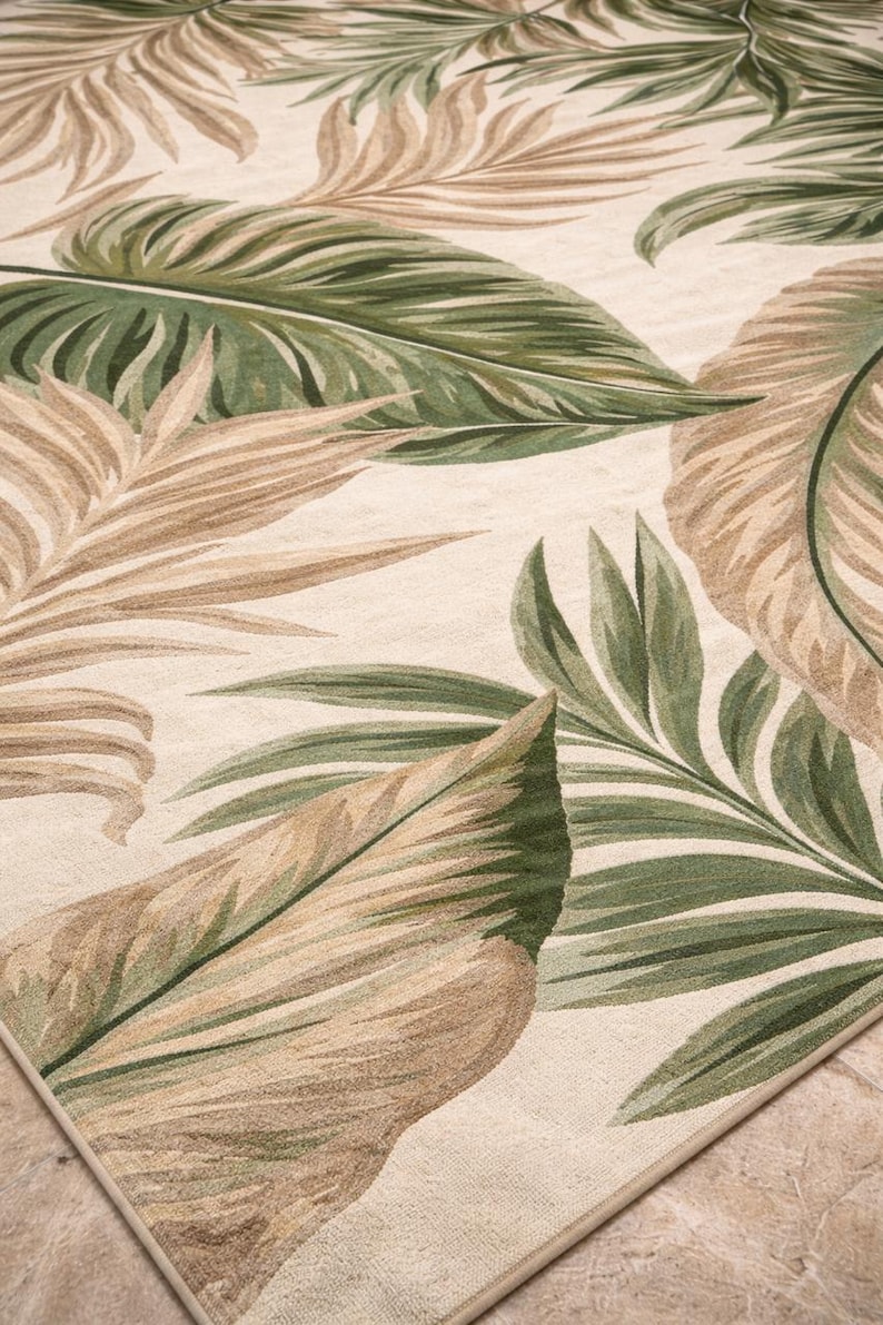 Green Botanical Leaf Area Rug 9x12 Feet, Sage Green Tropical Rug, Beige ...