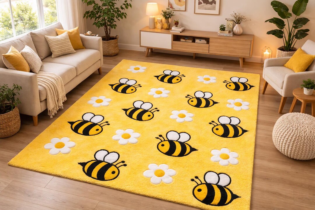 Hand Tufted Bee Rug | Cute Bumblebee Daisy Carpet | Kids Room Rug ...