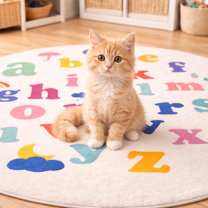 May include: An orange tabby kitten sits on a round, off-white rug with colorful letters of the alphabet. The rug has a playful design with letters in various colors, including pink, blue, yellow, and green. The kitten has white paws and a fluffy tail.