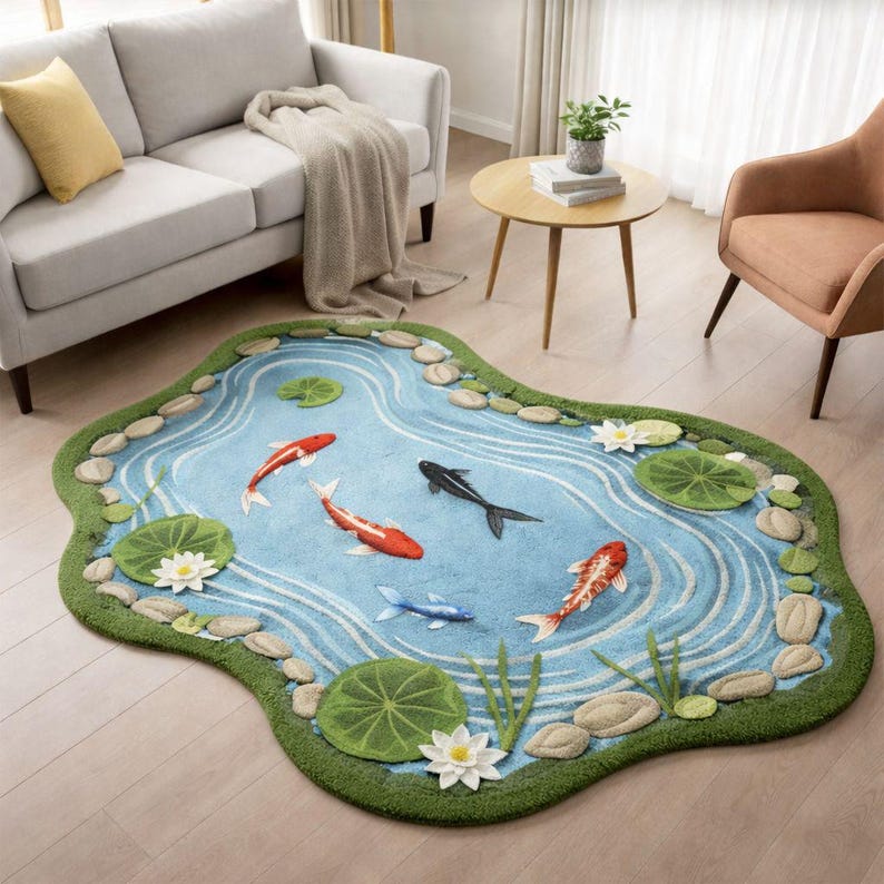 Pond/water Rug Buy Hand Tufted Koi Pond Rug, Japanese Garden Decor, 3D Water Lily Area ...