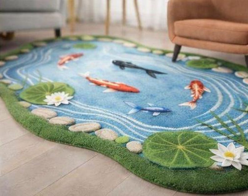 Pond/water Rug Buy Hand Tufted Koi Pond Rug, 3D Water Lily Area Rug, Japanese Garden ...