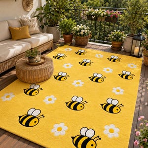 Hand Tufted Bee Rug  | Cute Bumblebee Daisy Carpet | Kids Room Rug | Nursery Area Rug | Yellow Bee Floor Rug | Honey bee Rug