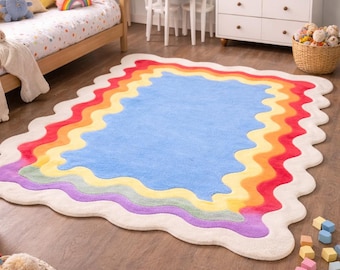 Rainbow Wavy Rug 9x10 ft | Hand Tufted Kids Room Carpet | Colorful Modern Area Rug | Soft Playroom & Nursery Floor RUG