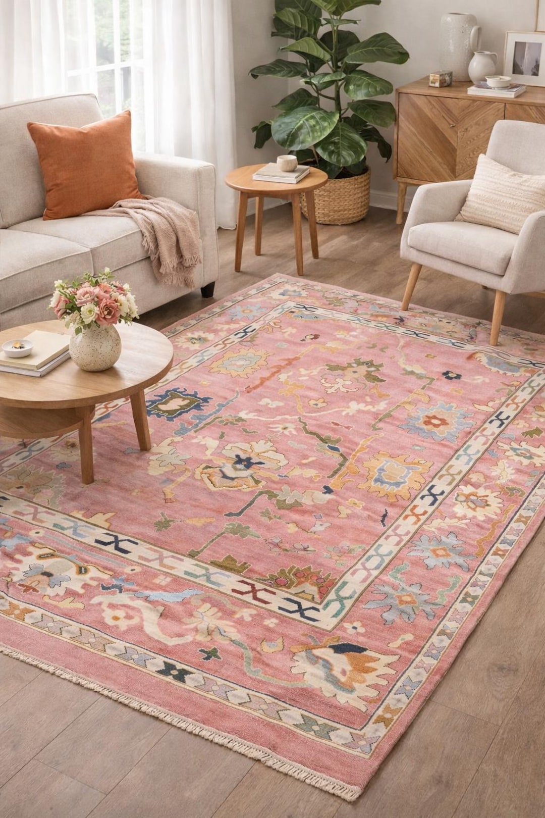 Lush Rugs Hand Knotted Oushak Rug Rosy Pink Wool Area Rug Turkish Design Oriental ...