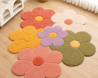 Colorful Daisy Flower Rug I Pastel Floral Area Rug I Cute Shaped Carpet for Bedroom Living Room Nursery Kids Room Decor
