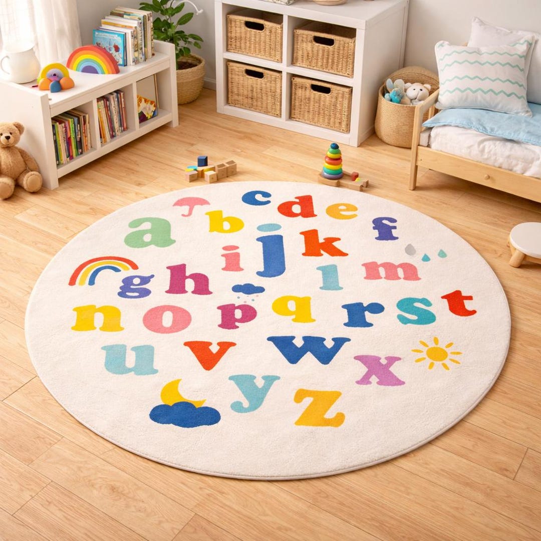 Handufted Kids Alphabet Rug Round | ABC Learning Carpet for Playroom