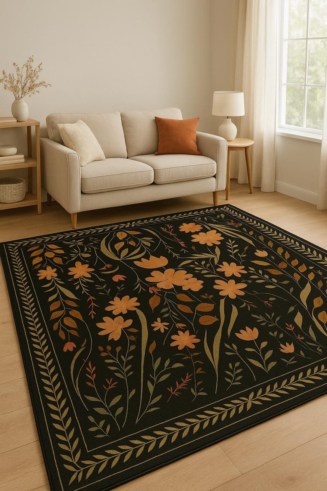 Hand Tufted Floral Area Rug, Vintage Botanical Carpet, Earthy Orange ...