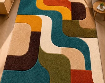 Mid Century Modern Wool Rug: Retro Geometric Abstract Design