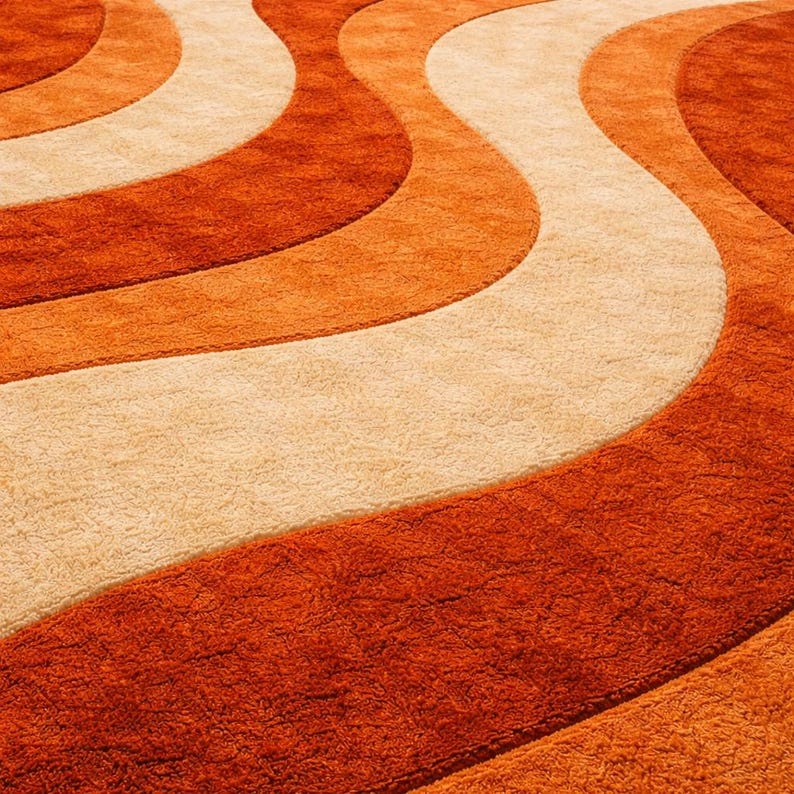 Retro Orange Terracotta Rust Wavy Area Rug | Mid Century Modern Carpet ...