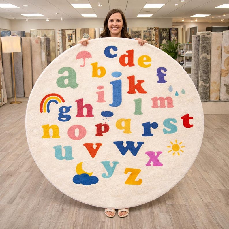 May include: A round, off-white rug featuring the alphabet in various bright colors. The rug includes illustrations of a rainbow, sun, moon, and rain. The rug is held by a person in a store setting.