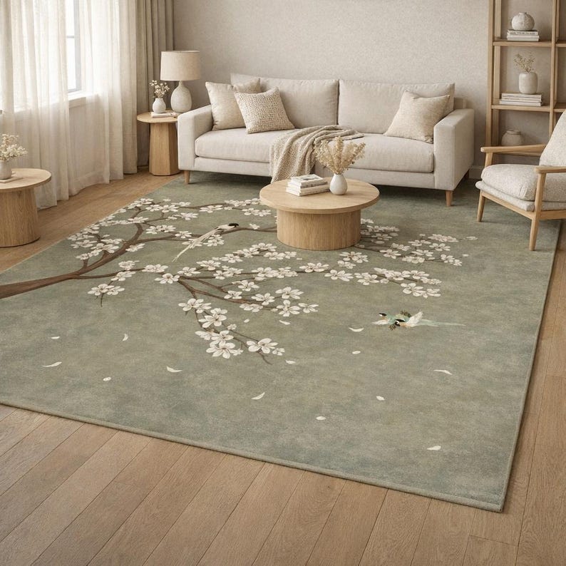Cherry Blossom Bird Area Rug I Sage Green Oriental Floral Carpet I ...