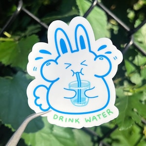Drink Water Reminder Bunny Sticker: Waterproof Vinyl Decal