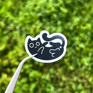 May include: A black cat sticker with a white outline. The cat is in a playful pose, with its tail curled and a star detail. The sticker is held by tweezers against a green, blurred background.