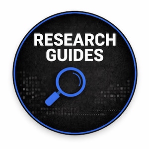 Puede incluir: Gráfico circular con fondo negro y borde azul. Las palabras "RESEARCH GUIDES" están en blanco, encima de un icono de lupa azul.