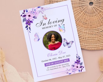 Plantilla de programa funerario con flores moradas: obituario editable (Canva, imprimible)