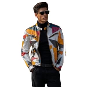Men’s Handmade Patchwork Leather Jacket , Retro Multi-Color Geometric Biker Coat