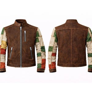 Men’s Brown Distressed Leather Jacket with Multi-Color Patchwork Sleeves – Retro Streetwear,Rustic Biker Style