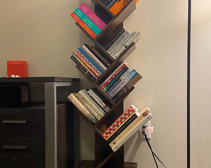 Rustic Tree Bookshelf with Drawer, 7-Tier Wooden Bookcase, CD/DVD Storage Rack, Brown Utility Organizer Shelves for Living Room & Bedroom