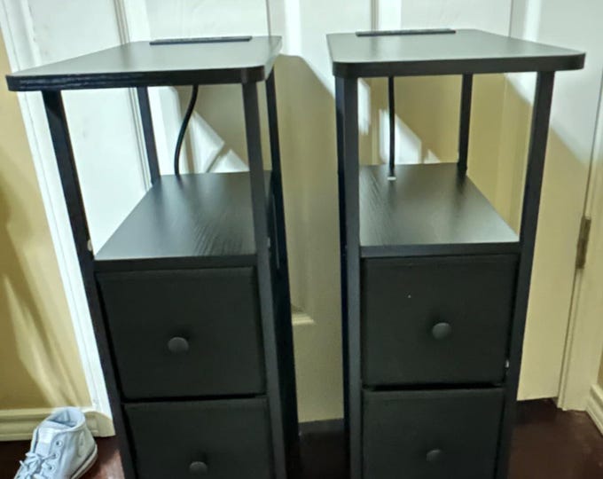 Slim End Tables with Charging Station, Set of 2, Skinny Side Table, Fabric Drawers, Living Room, Couch, Brown