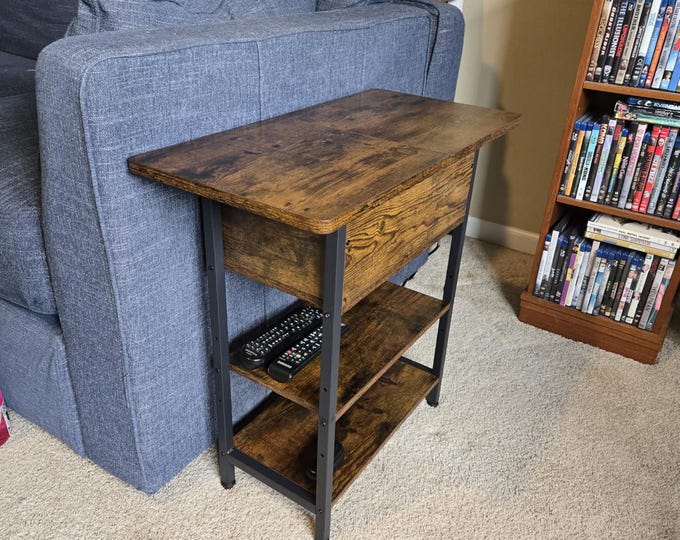 End Table with Charging Station, Flip Top Side Table with USB Ports & Outlets, 3-Tier Storage Side Table for Bedroom Living Room, Brown