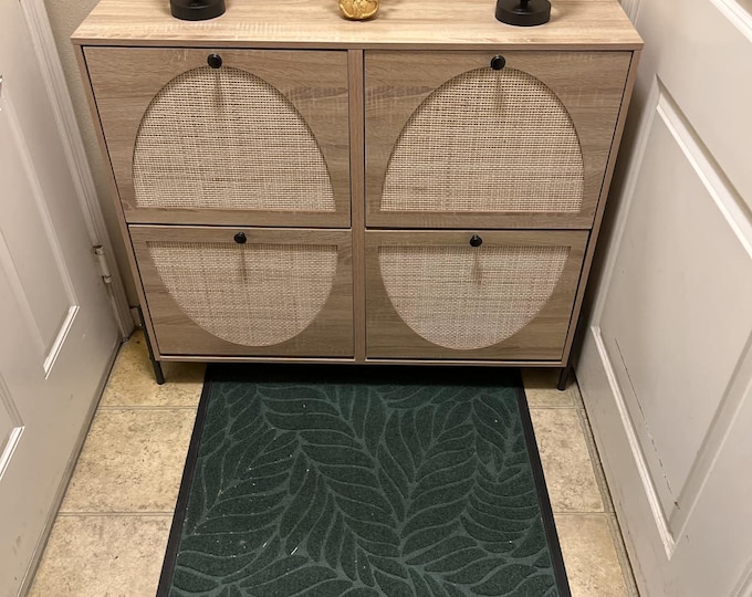 Rattan Shoe Cabinet with 4 Flip Drawers, Freestanding Narrow Shoe Storage Organizer for Entryway, Hidden Shoe Rack Cabinet, Oak Finish