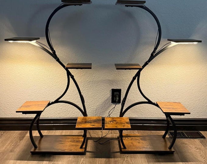 Indoor Plant Stand with Grow Lights - S-Shape Flower Display - 2 Pack Corner Shelf - Black - Home Decor