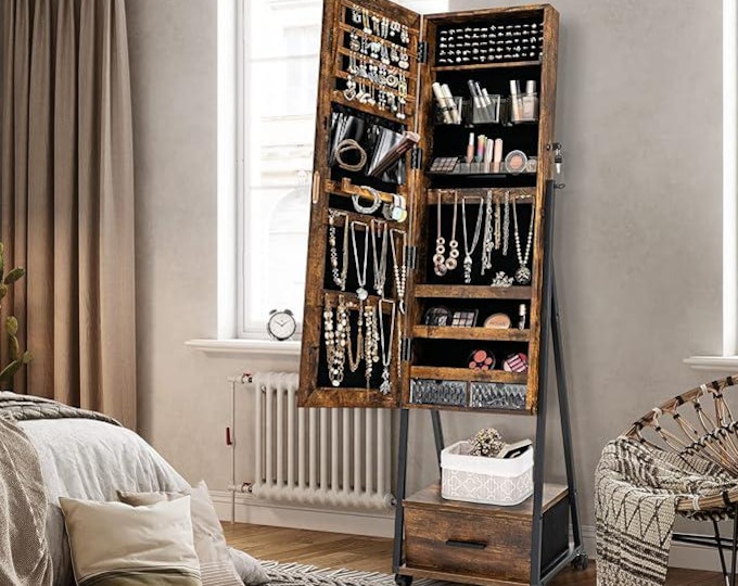 Jewelry Cabinet with Full Length Mirror - Lockable Standing Armoire - Jewelry Organizer Box - Steel Legs - Lipstick Brush Storage