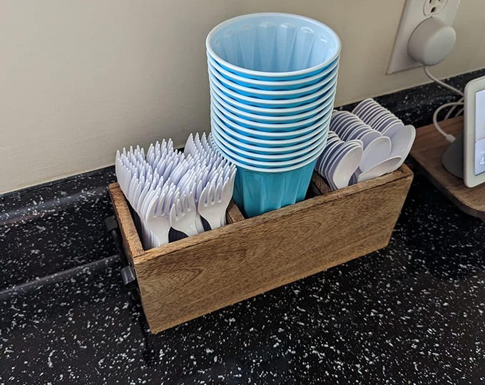 Wooden Utensil Caddy Organizer, Mango Wood Cutlery Holder, Countertop Silverware Storage, Fork and Spoon Storage