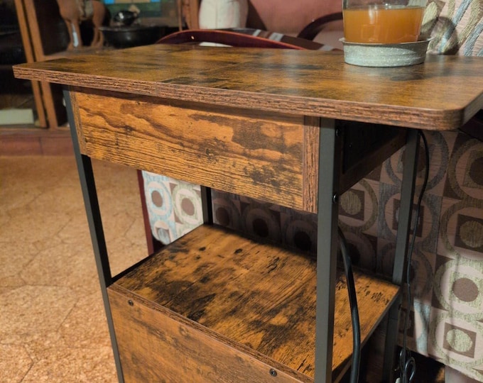 End Table with Charging Station, Narrow Side Table, Flip Top Cabinet, Fabric Drawer, Rustic Brown Nightstand