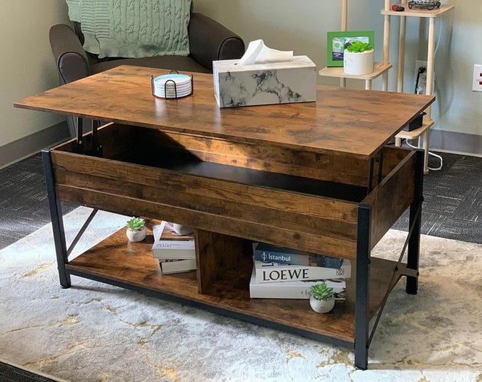 41.3" Lift Top Coffee Table with Wheels – Hidden Storage, Shelves & Adjustable Height Table for Living Room, Rustic Brown
