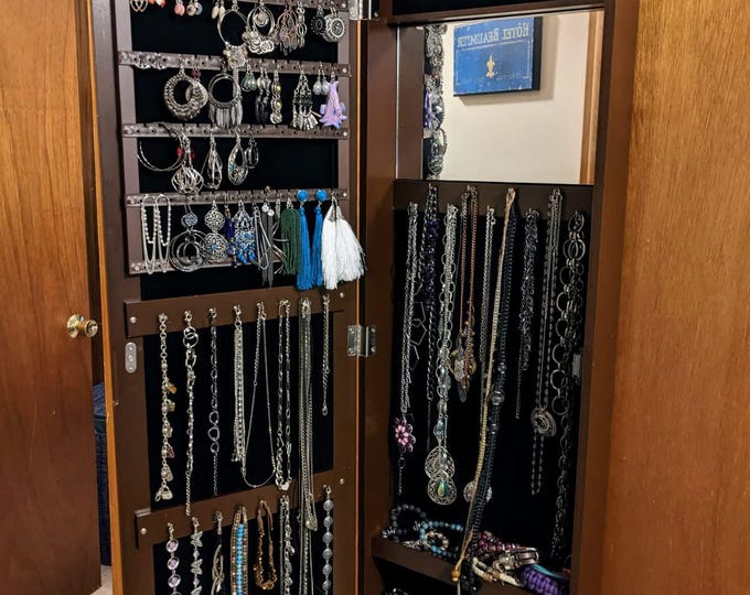 Jewelry Armoire Cabinet Wall Door Mounted with Full Length Mirror, Jewelry Organizer with Makeup Mirror, Ring Earring Slots, Necklace Hooks,
