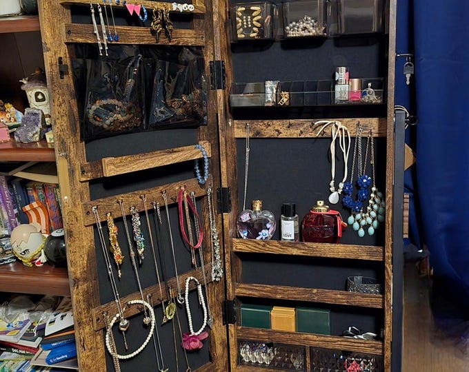 Jewelry Cabinet with Full Length Mirror - Lockable Standing Armoire - Jewelry Organizer Box - Steel Legs - Lipstick Brush Storage